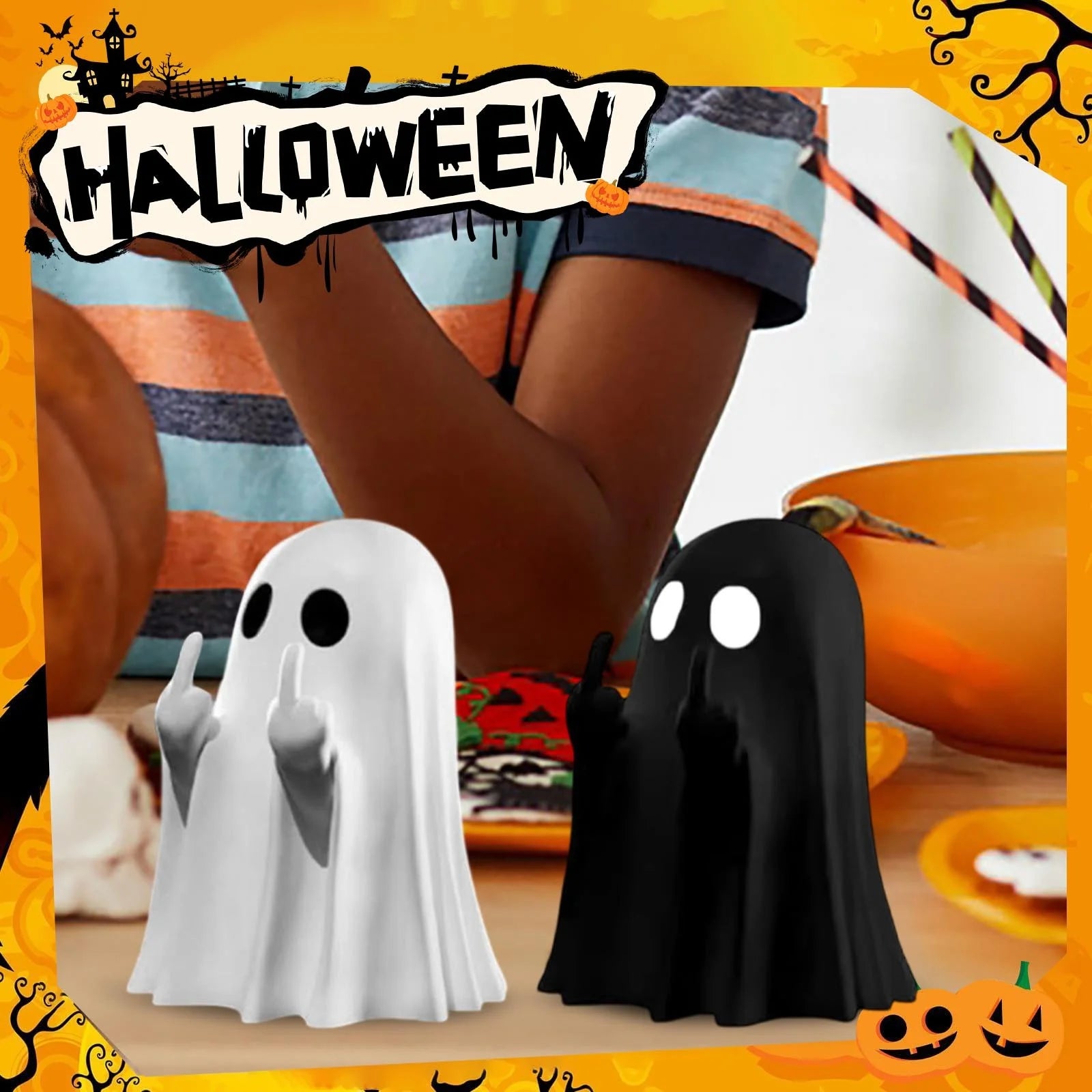 Halloween Ghost Figurine - Spooky Finger Ghost Statue, Cute Finger Ghost Decor for Halloween Decorations, Porch and Indoor Spooky Home Decor (White)